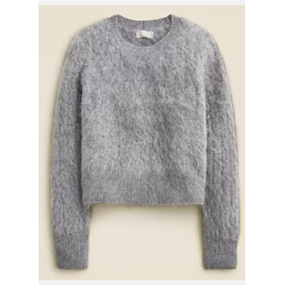 J.Crew Women's Brushed Cashmere Shrunken Cable-Knit Crewneck Sweater Gray- XL
